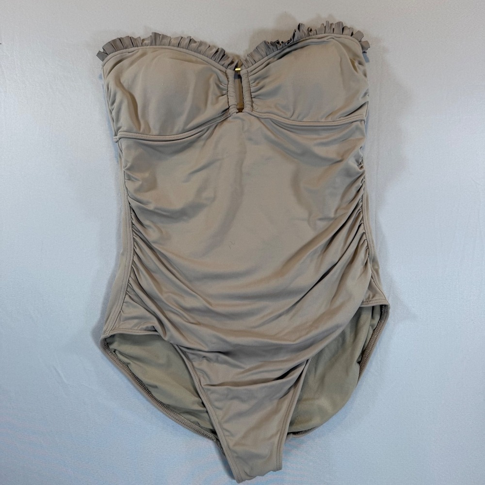 Seafolly Bandeau One Piece Swimsuit 8 Taupe Ruffle Ruched Old Money Minmalist